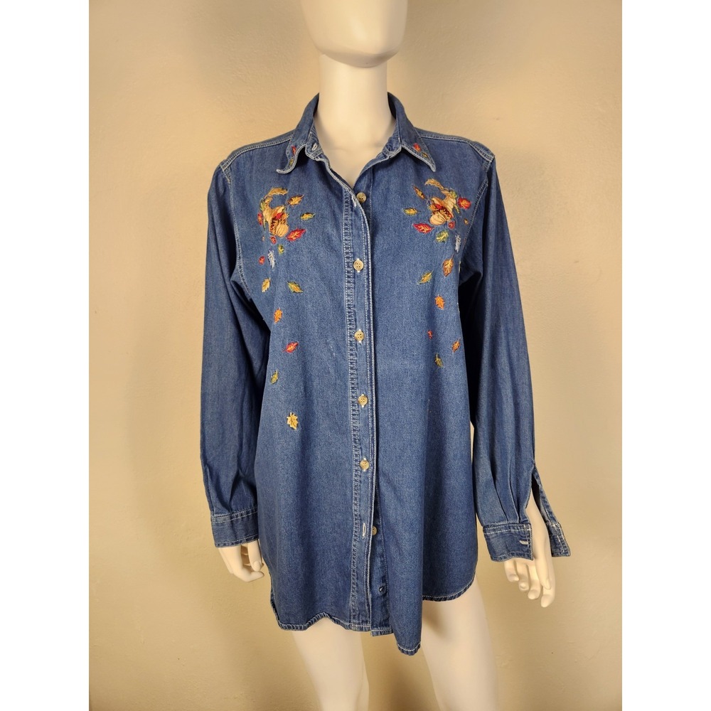 Bobby Brooks Woman Denim Button Up Embroidered Autumn Leaves 14/16W